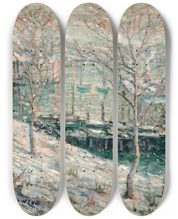 Triptych art skateboard deck of Ernest Lawson Harlem River Winterscene by Ernest Lawson (1873-1939)