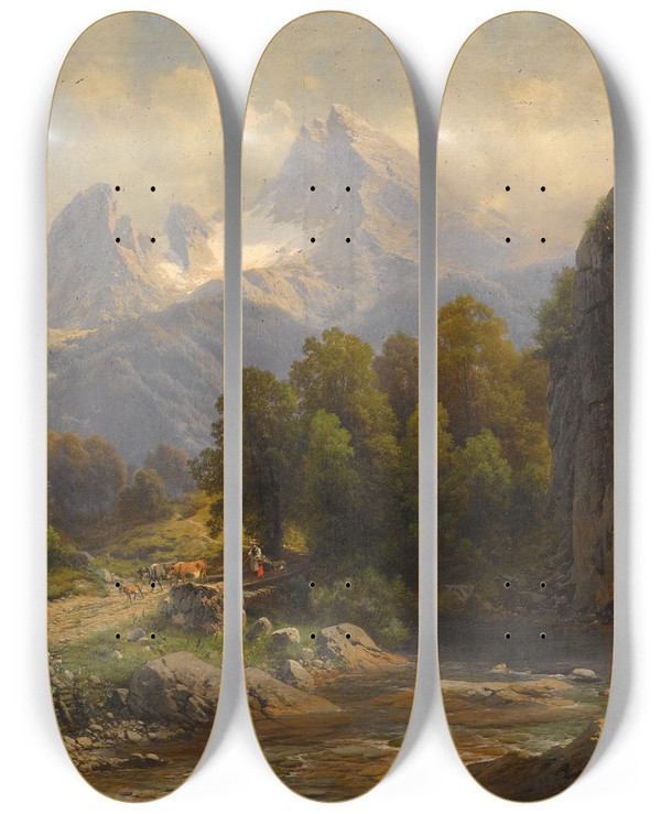 Triptych art skateboard deck of Carl Millner Blick Auf Den Watzmann by Carl Millner (1825-1895)