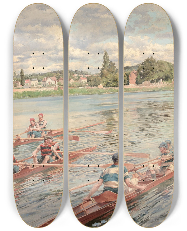 Triptych art skateboard deck of Ferdinand Gueldry La Course Davirons by Ferdinand Gueldry (1858-1945)
