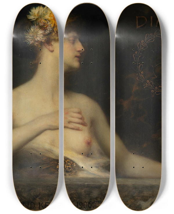 Triptych art skateboard deck of Ferdinand Keller Diana by Ferdinand Keller (1842-1922)