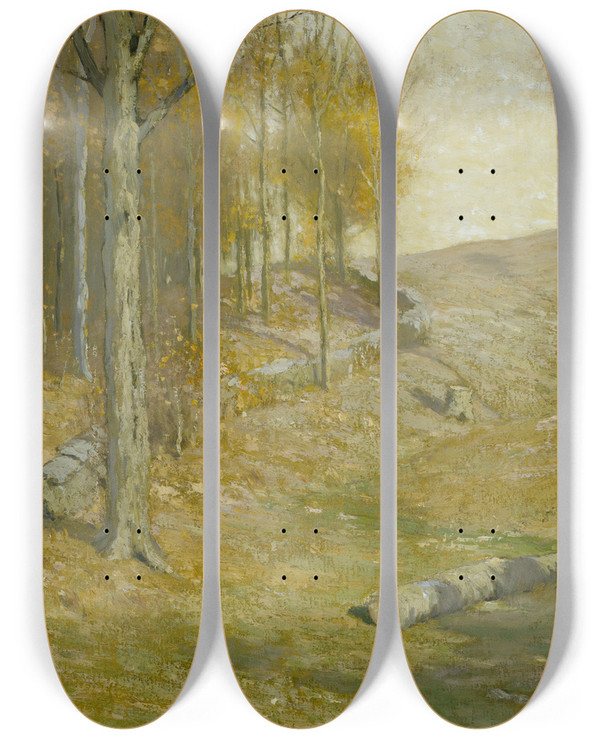 Triptych art skateboard deck of Bruce Crane Autumn by Bruce Crane (1857-1937)