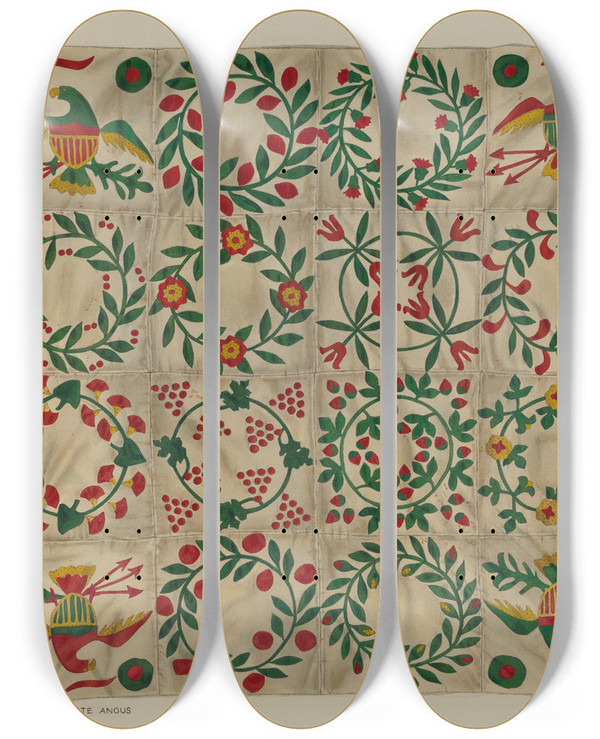 Triptych art skateboard deck of Charlotte Angus Quilt by Charlotte Angus (1911-1989)