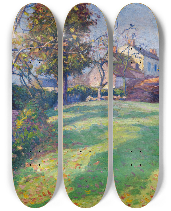 Triptych art skateboard deck of Paul Madeline Im Garten by Paul Madeline (1863-1920)
