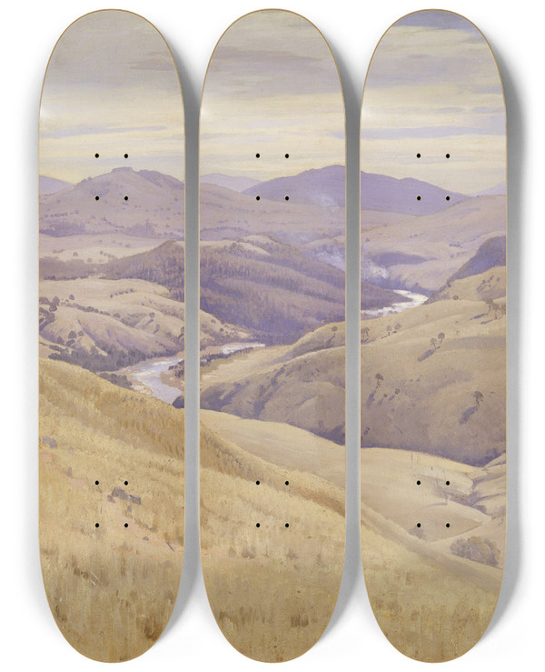 Triptych art skateboard deck of Elioth Gruner Weetangera Canberra by Elioth Gruner (1882-1939)