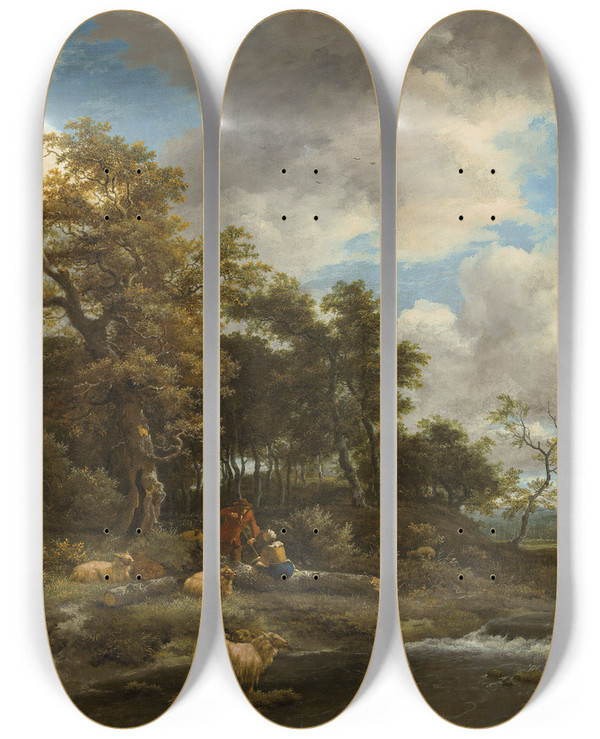 Triptych art skateboard deck of Jacob Van Ruisdael A Wooded River Landscape With Shepherds And Their Flock by Jacob Van Ruisdael (1628-1682)