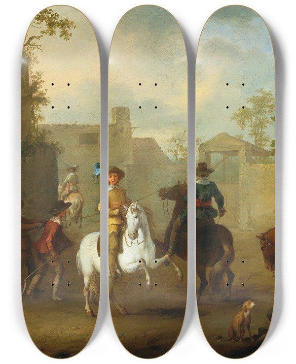 Triptych art skateboard deck of Franz De Paula Ferg The Riding Lessons by Franz de Paula Ferg (1689-1740)