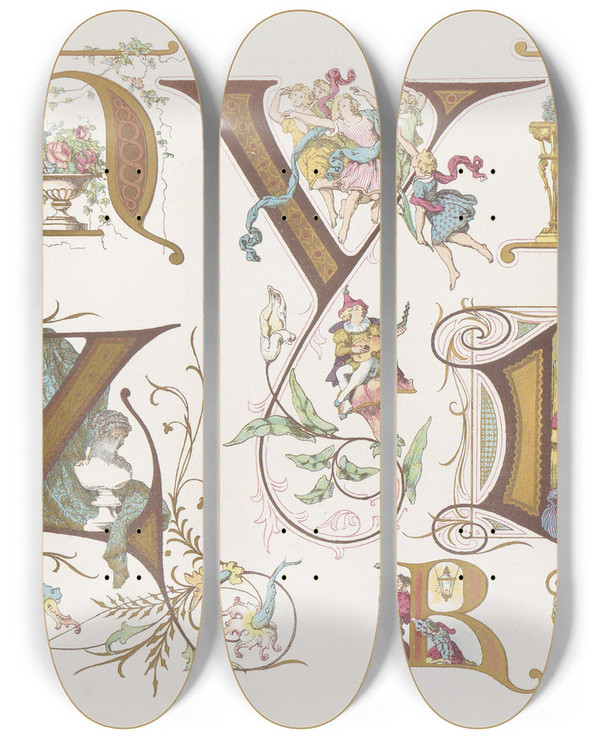 Triptych art skateboard deck of Bernhard Dondorf Dondorfs Alphabete Pl23 by Bernhard Dondorf (1833-1933)