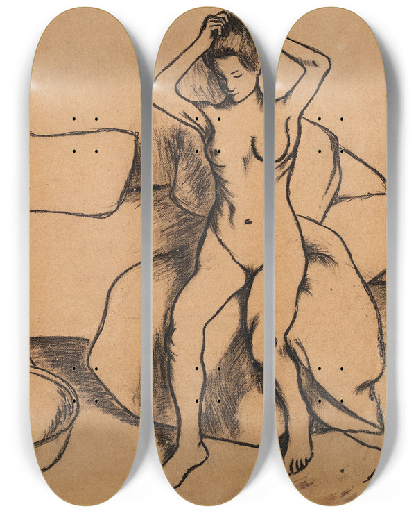 Triptych art skateboard deck of Suzanne Valadon Nu Assis Se Coiffant by Suzanne Valadon (1865-1938)