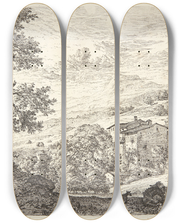 Triptych art skateboard deck of Karel Dujardin Sel Mellem To Fr by Karel Dujardin (1622-1678)