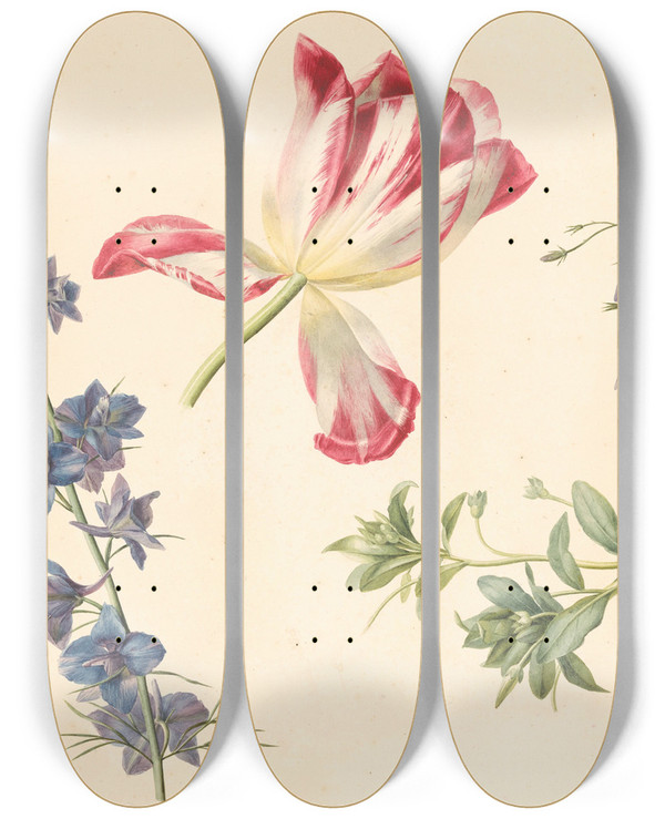 Triptych art skateboard deck of Albertus Jonas Brandt Bloemstudies by Albertus Jonas Brandt (1788-1821)