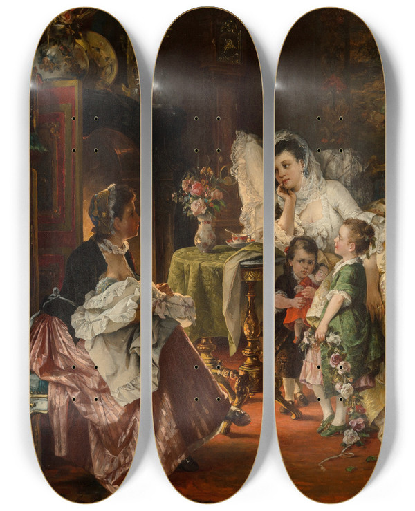 Triptych art skateboard deck of Carl Herpfer The New Mother by Carl Herpfer (1836-1897)