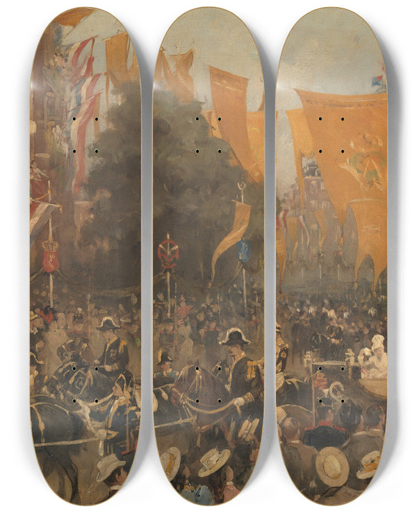 Triptych art skateboard deck of Hobbe Smith Queen Wilhelmina Entering Amsterdam In 1898 by Hobbe Smith (1862-1942)