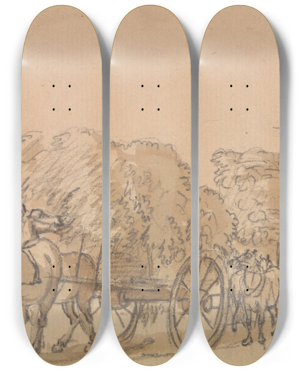 Triptych art skateboard deck of Paul Sandby Two Laden Hay Carts With Horses by Paul Sandby (1731-1809)