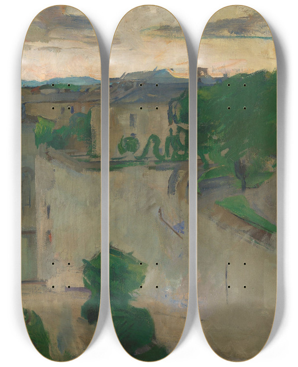 Triptych art skateboard deck of Harriet Backer View From My Balcony Hansteensgate by Harriet Backer (1845-1932)