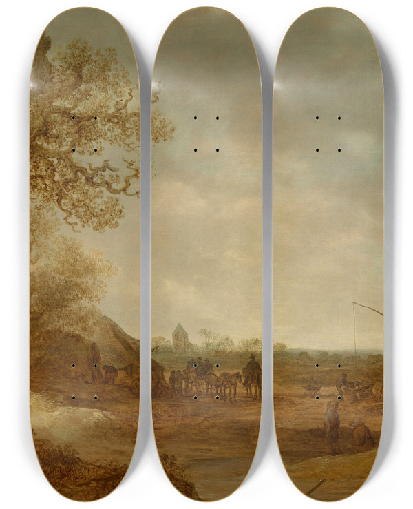 Triptych art skateboard deck of Jan Van Goyen A Dune Landscape With Figures_1 by Jan Van Goyen (1596-1656)