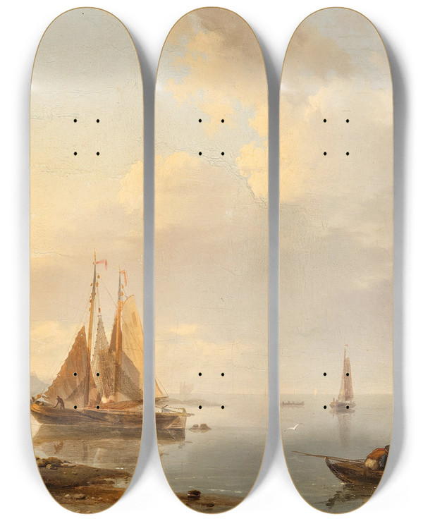Triptych art skateboard deck of Hermanus Koekkoek Navigating In Calm Waters by Hermanus Koekkoek (1815-1882)