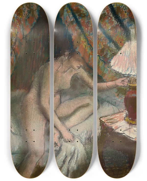 Triptych art skateboard deck of Edgar Degas Retiring by Edgar Degas (1834-1917)