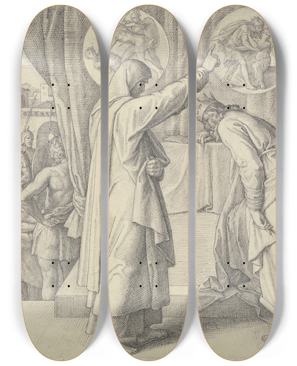 Triptych art skateboard deck of Julius Schnorr Von Carolsfeld Nathans Penitential Sermon by Julius Schnorr Von Carolsfeld (1794-1872)