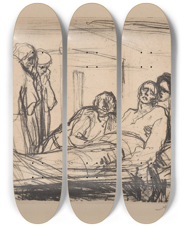 Triptych art skateboard deck of Albert Sterner The Samaritans by Albert Sterner (1863-1946)