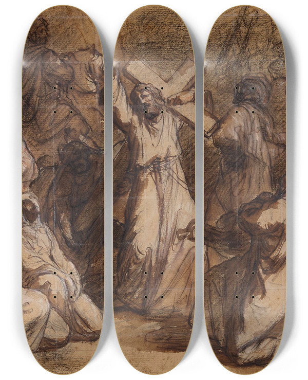 Triptych art skateboard deck of Jeanfranois Brmond Jsus Console Les Saintes Femmes by Jean-Franois Brmond (1807-1868)