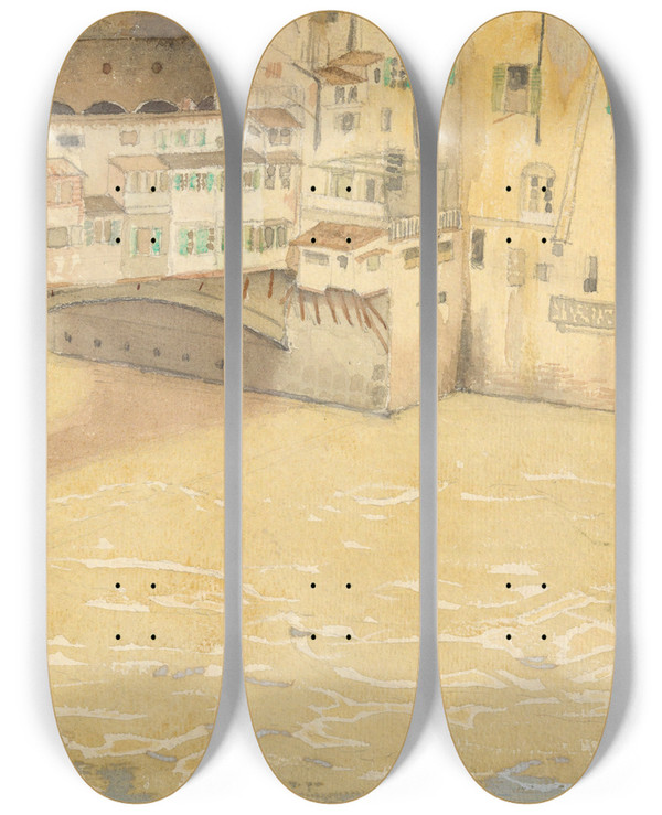 Triptych art skateboard deck of John Ireland Howe Downes The Pontevecchio by John Ireland Howe Downes (1861-1933)