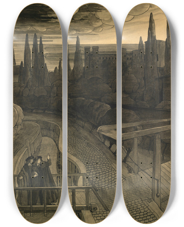 Triptych art skateboard deck of Charles Doudelet Hjalmar by Charles Doudelet (1861-1938)