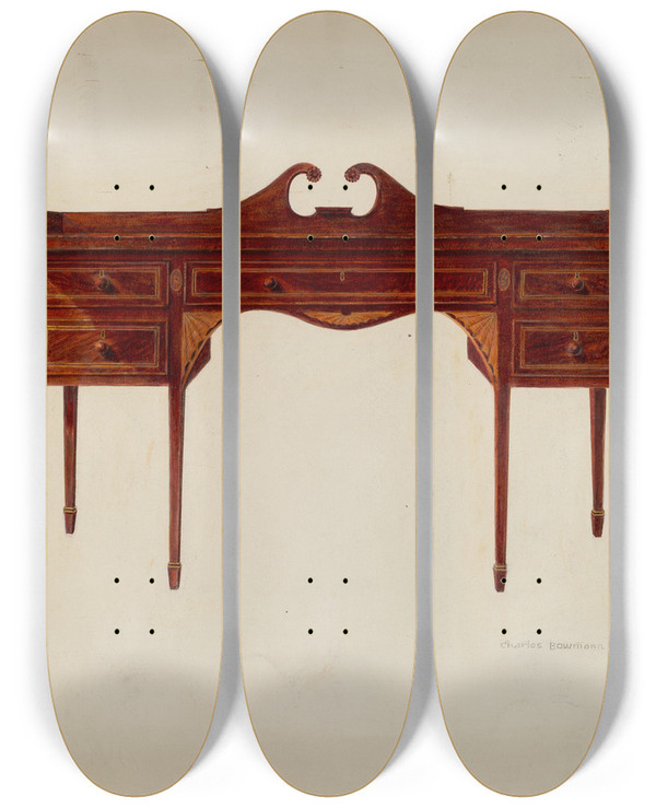 Triptych art skateboard deck of Charles Bowman Sideboard Hepplewhite by Charles Bowman