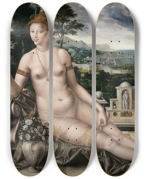 Triptych art skateboard deck of Jan Massys Venus Cythereia by Jan Massys (1510-1575)