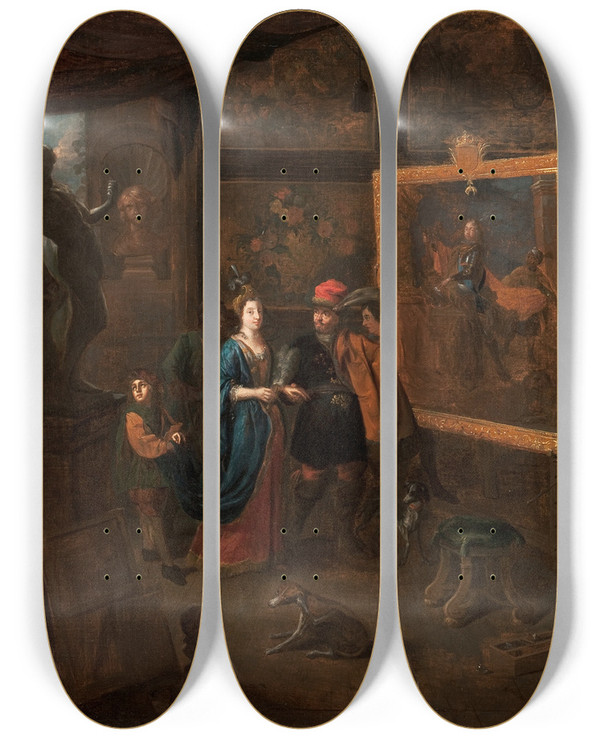 Triptych art skateboard deck of Balthasar Van Den Bossche Atelier Of A Painter by Balthasar Van Den Bossche (1681-1715)