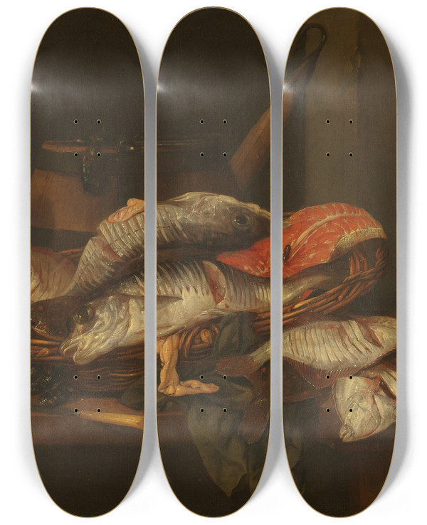 Triptych art skateboard deck of Abraham Van Beyeren Still Life With Fish_1 by Abraham Van Beyeren (1620-1690)