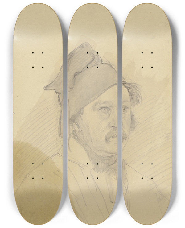 Triptych art skateboard deck of Jakob Becker Man With Beard And Hat by Jakob Becker (1810-1872)