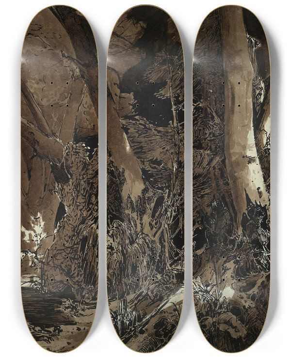 Triptych art skateboard deck of Carl Blechen Forest Landscape With Flowing Water And Two Hunters by Carl Blechen (1798-1840)