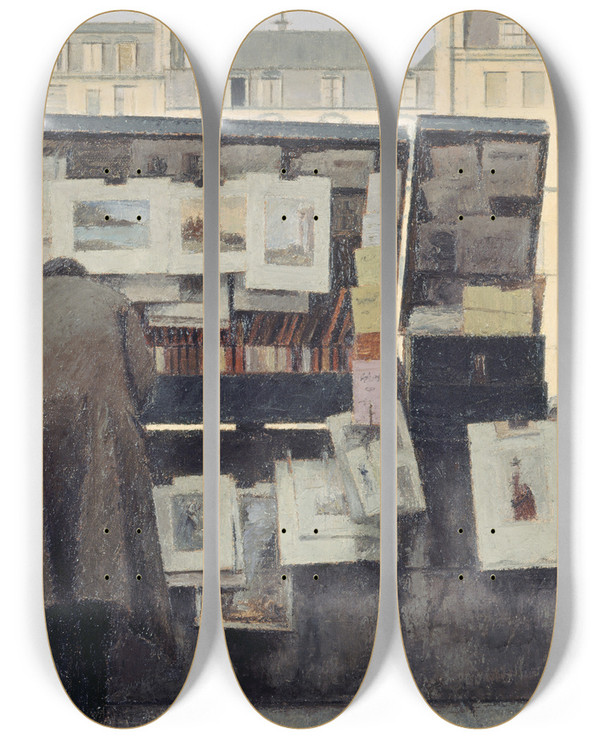 Triptych art skateboard deck of Bernard Boutet De Monvel Bouquiniste Sur Le Quai Des Grandsaugustins by Bernard Boutet De Monvel (1881-1949)