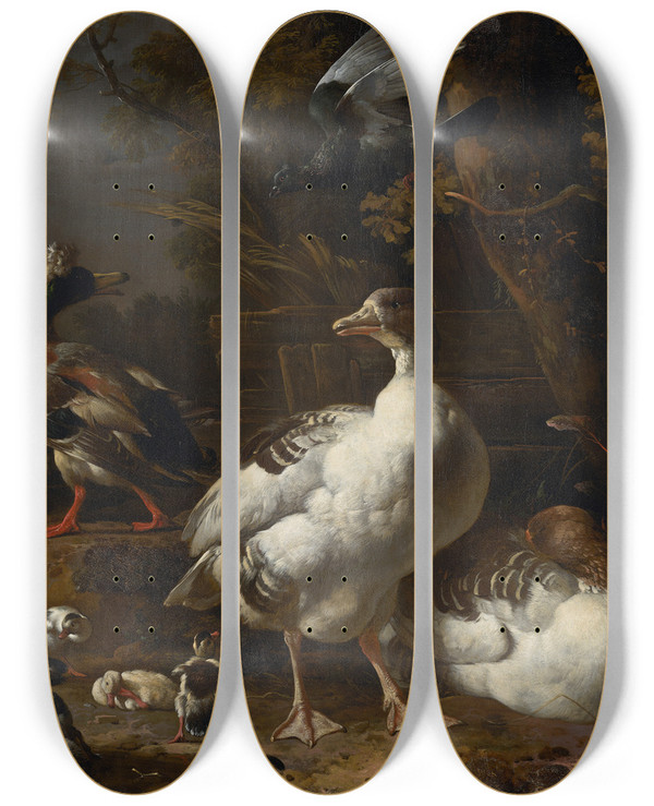 Triptych art skateboard deck of Melchior Dhondecoeter Geese And Ducks by Melchior d'Hondecoeter (1636-1695)