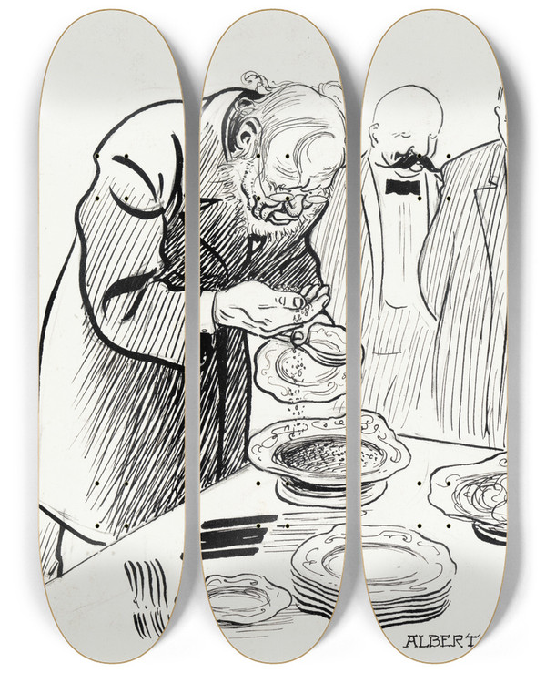 Triptych art skateboard deck of Albert Engstrm Old Professor S by Albert Engstrom (1869-1940)