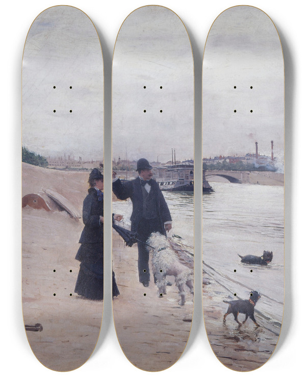 Triptych art skateboard deck of Jean Braud Les Berges De La Seine by Jean Beraud (1849-1935)