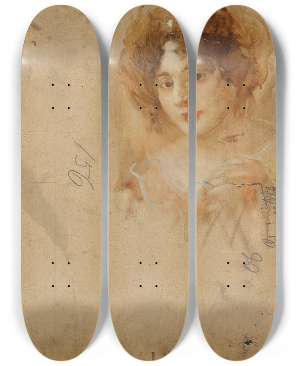 Triptych art skateboard deck of Eduard Veith Dame Mit Hut In Gelbem Kleid_2 by Eduard Veith (1856-1925)