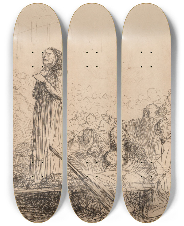 Triptych art skateboard deck of Jeanlouis Forain The Miracle Before The Blessed Sacrament by Jean Louis Forain (1852-1931)