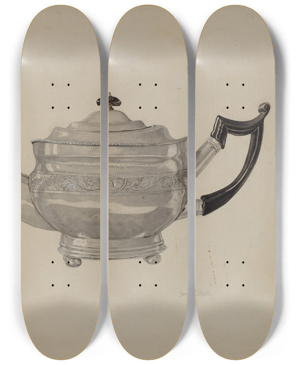 Triptych art skateboard deck of Jj Oneill Teapot by J.J. O'Neill