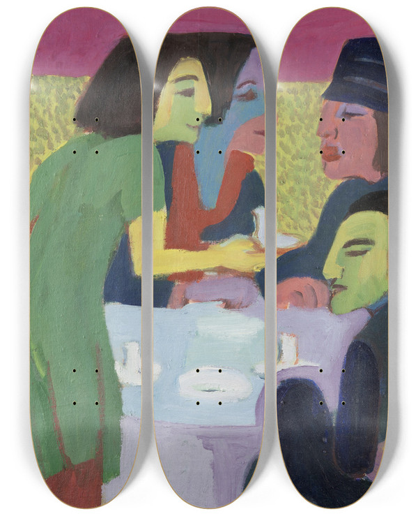Triptych art skateboard deck of Ernst Ludwig Kirchner Scene At A Caf_1 by Ernst Ludwig Kirchner (1880-1938)