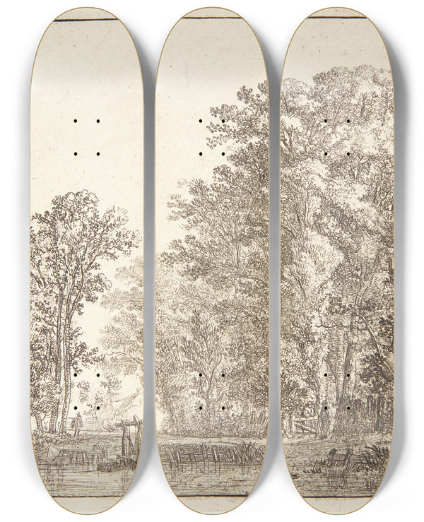 Triptych art skateboard deck of Simon De Vlieger Trer Ved En Kanal by Simon de Vlieger (1601-1653)