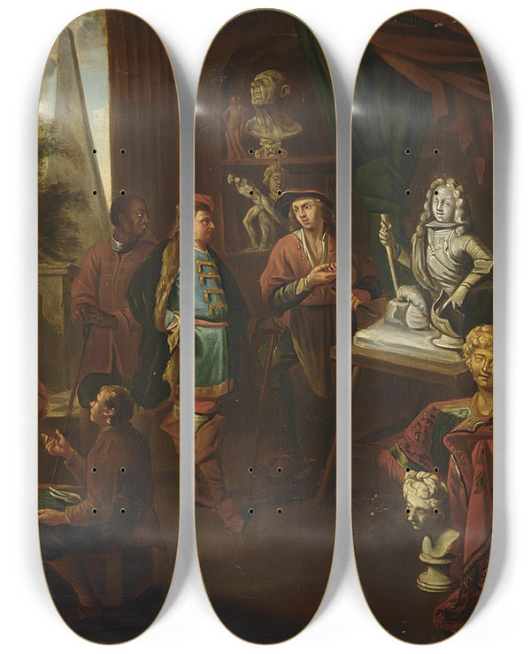 Triptych art skateboard deck of Balthasar Van Den Bossche A Sculptors Studio by Balthasar Van Den Bossche (1681-1715)