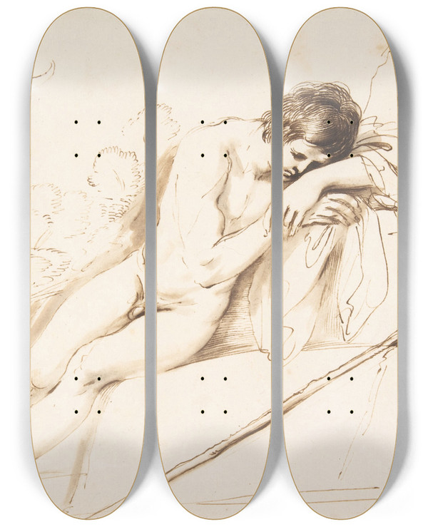 Triptych art skateboard deck of Guercino Endymion Sleeping by Guercino (1591-1666)