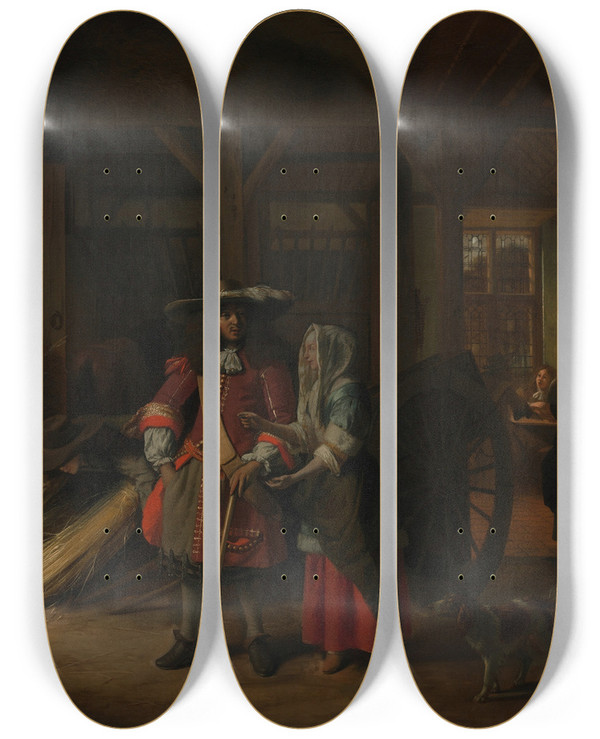 Triptych art skateboard deck of Pieter De Hooch Paying The Hostess by Pieter De Hooch (1629-1684)