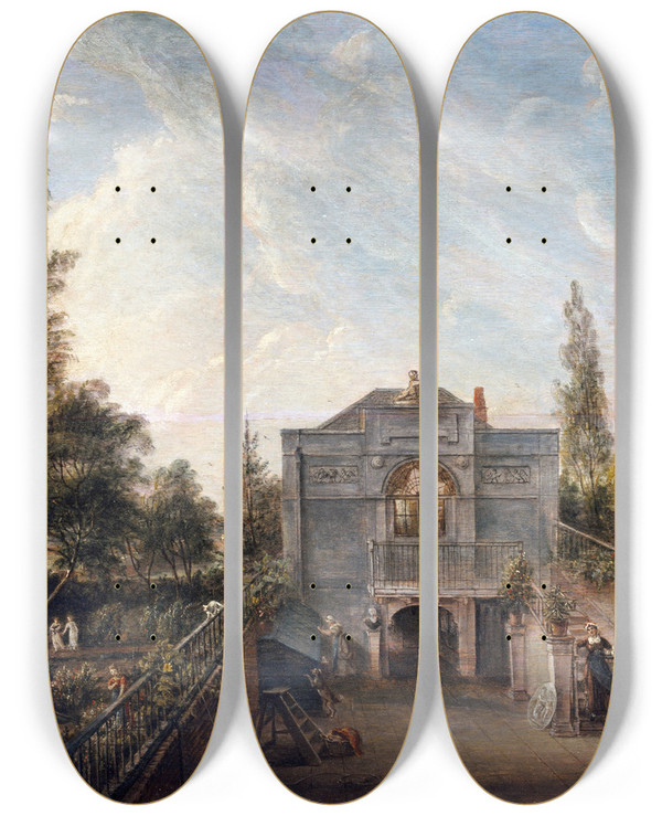 Triptych art skateboard deck of Paul Sandby The Artists Studio Bayswater by Paul Sandby (1731-1809)