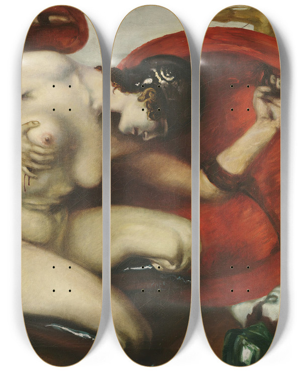 Triptych art skateboard deck of Franz Von Stuck Wounded Amazon by Franz Von Stuck (1863-1928)