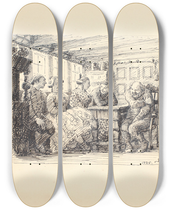 Triptych art skateboard deck of Niels Skovgaard Den Lille Hvide Kat by Niels Skovgaard (1858-1938)