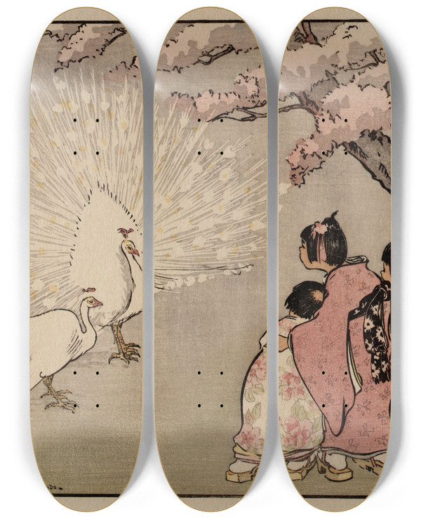 Triptych art skateboard deck of Helen Hyde The White Peacock by Helen Hyde (1868-1919)