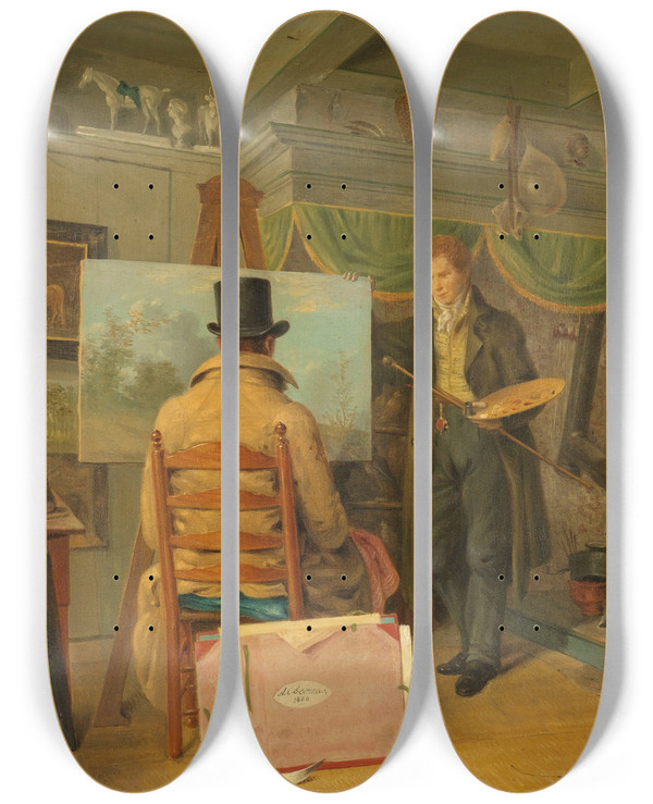 Triptych art skateboard deck of Anthony Oberman The Artist At His Studio by Anthony Oberman (1781-1845)