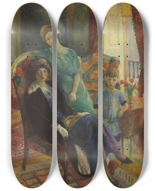 Triptych art skateboard deck of William James Glackens Family Group by William James Glackens (1870-1938)